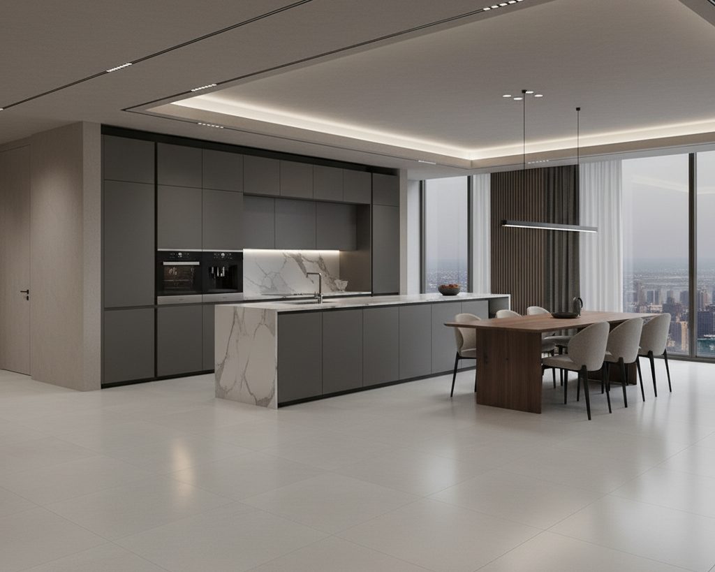 Cocina con piso de porcelanato gran formato símil mármol